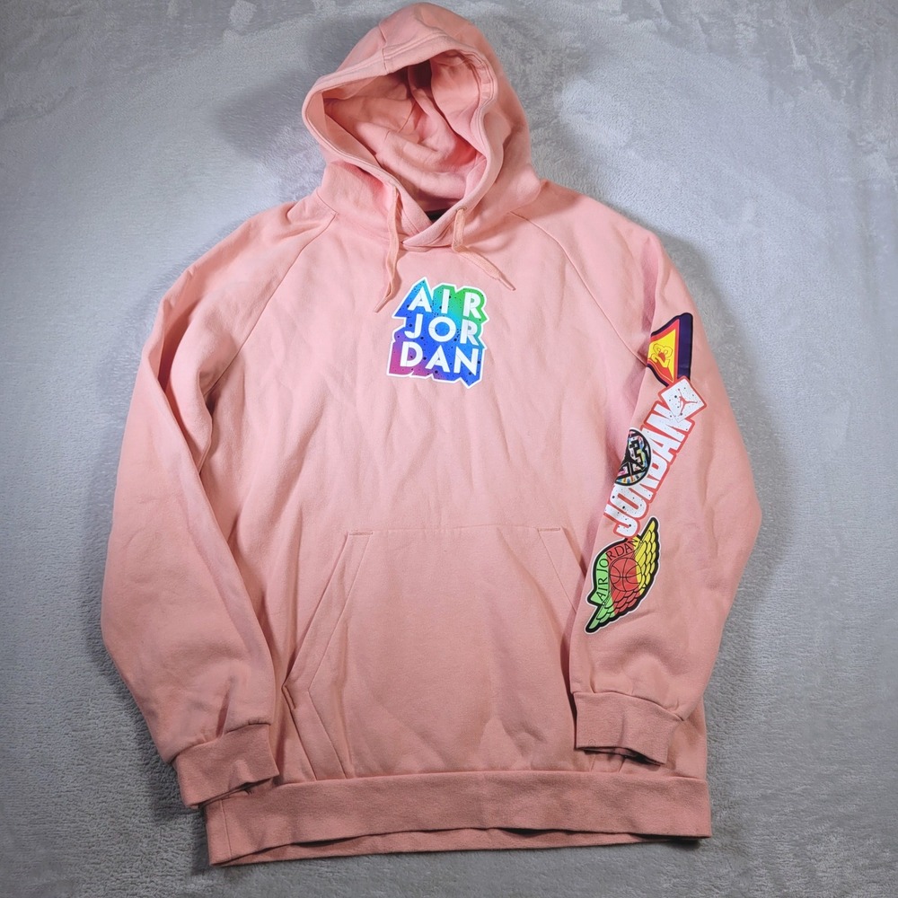 Jordan Pullover Hoodie Mens Medium Pink Multi-Color Patch Graphic Sweatshirt